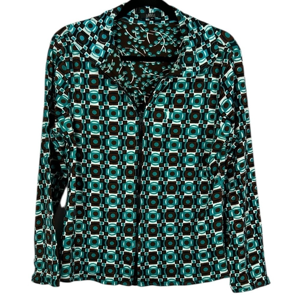 Miss Nikky Reversible Cotton Geometric Floral Full Zip Jacket Medium Blue Brown